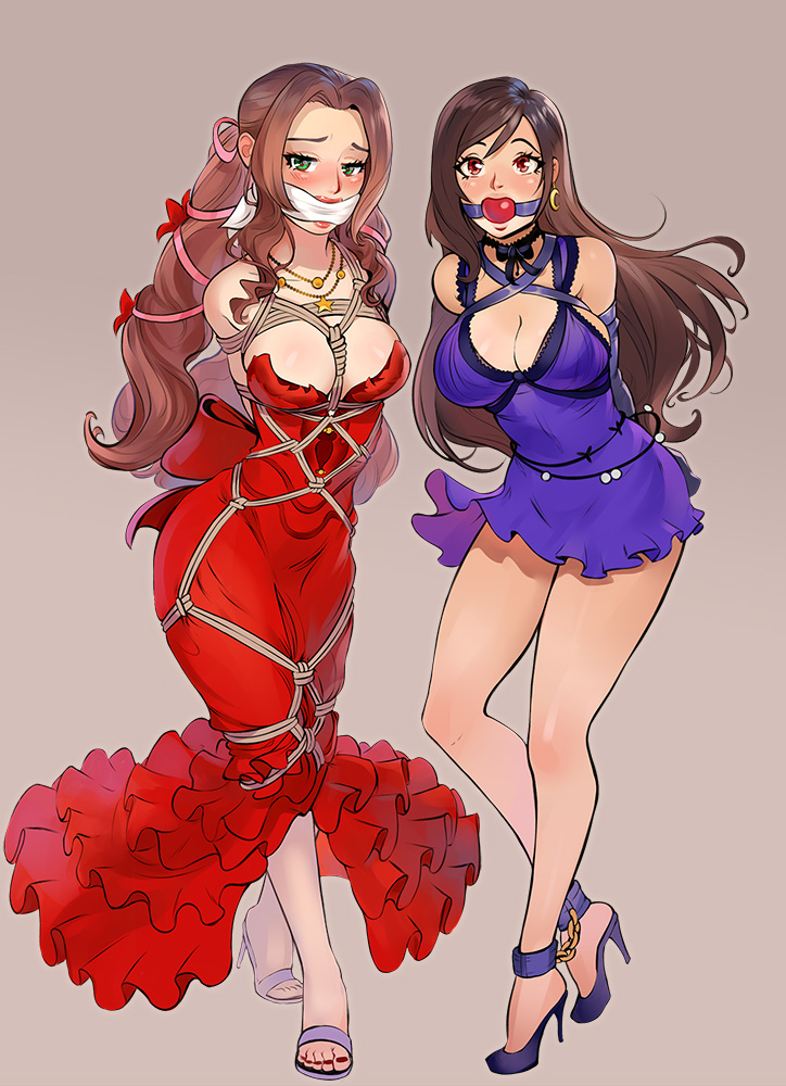 Aerith and Tifa bound in rope bondage with ball gags.