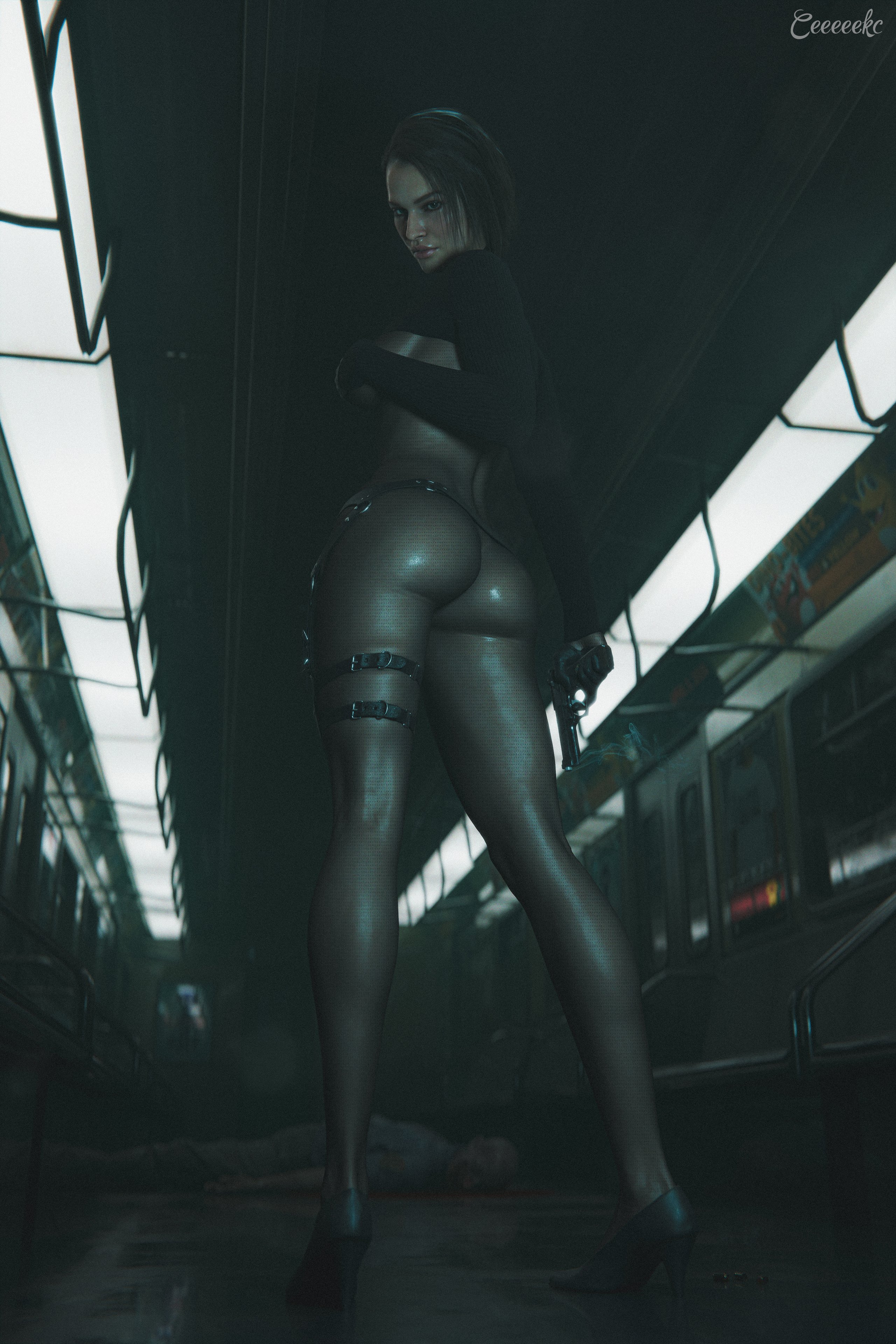 Jill Valentine standing with her ass out in a useless crop top