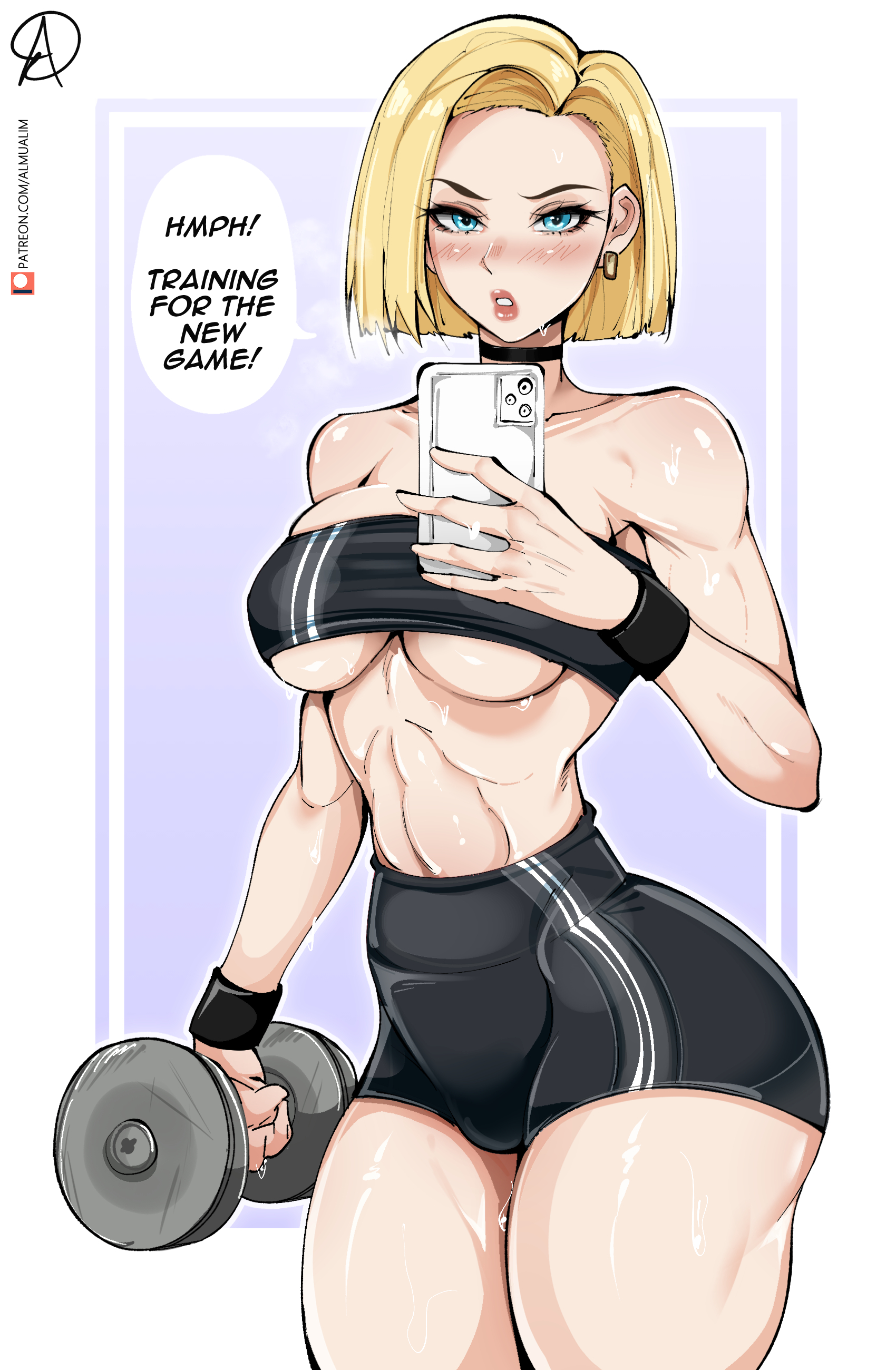 Android 18 working out in shorts.