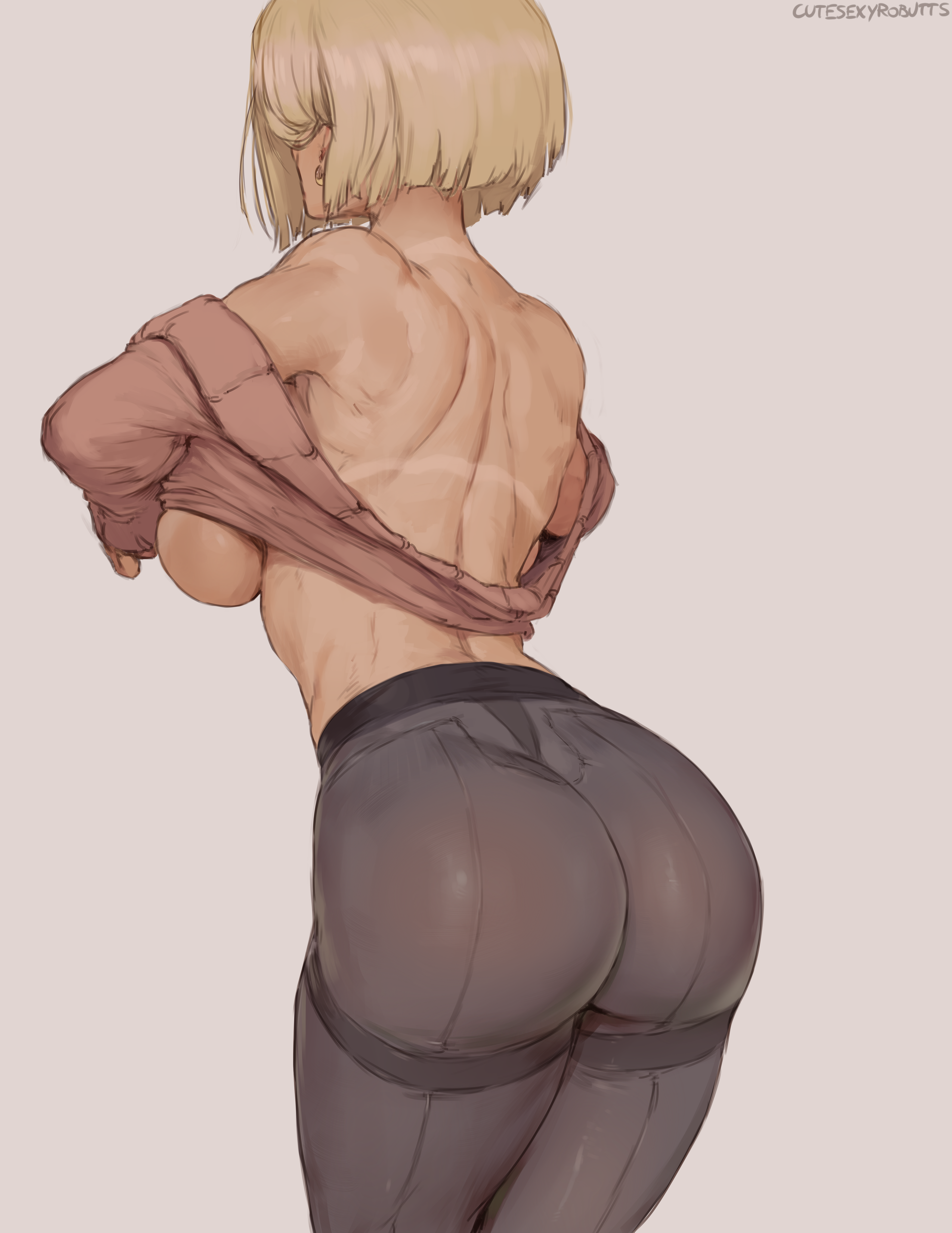 Android 18 lifting her sweater with no bra.