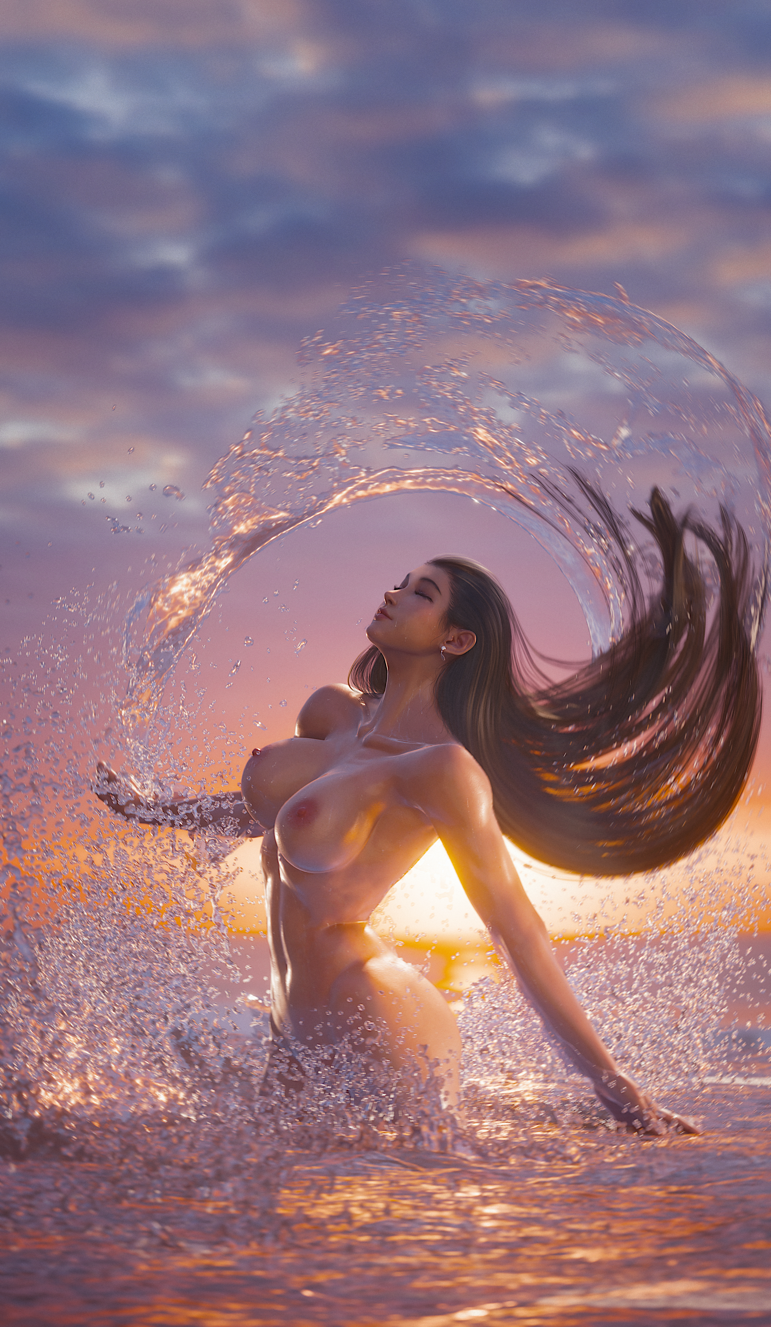 Tifa wading in the sea at sunset.