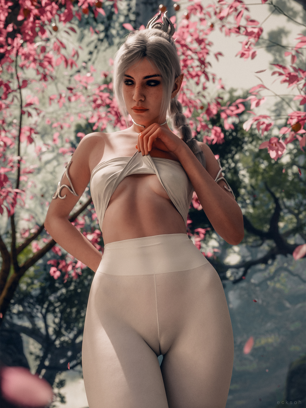 Shadowheart lifting her shirt and looking at the viewer.