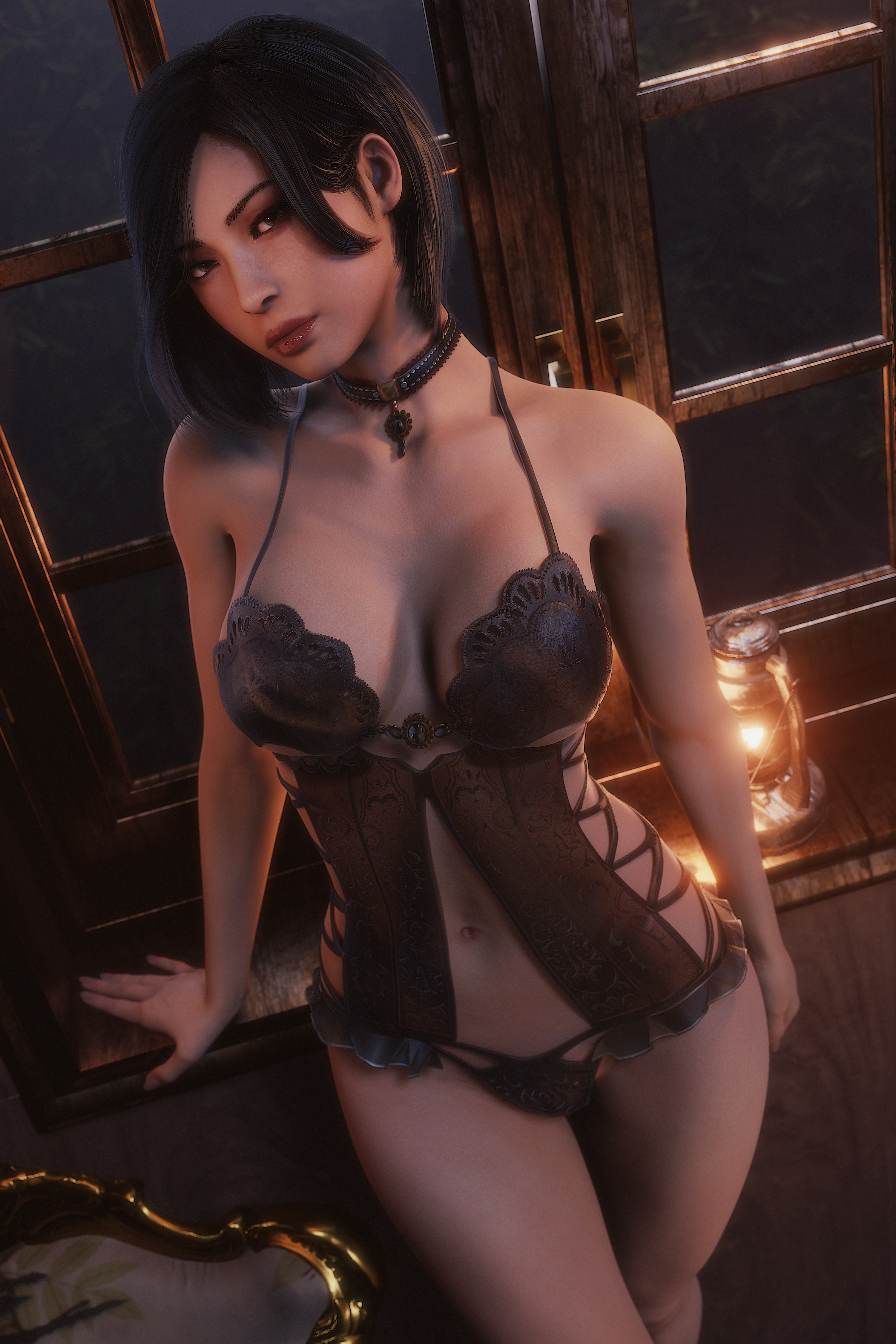 Ada Wong standing in lingerie at night