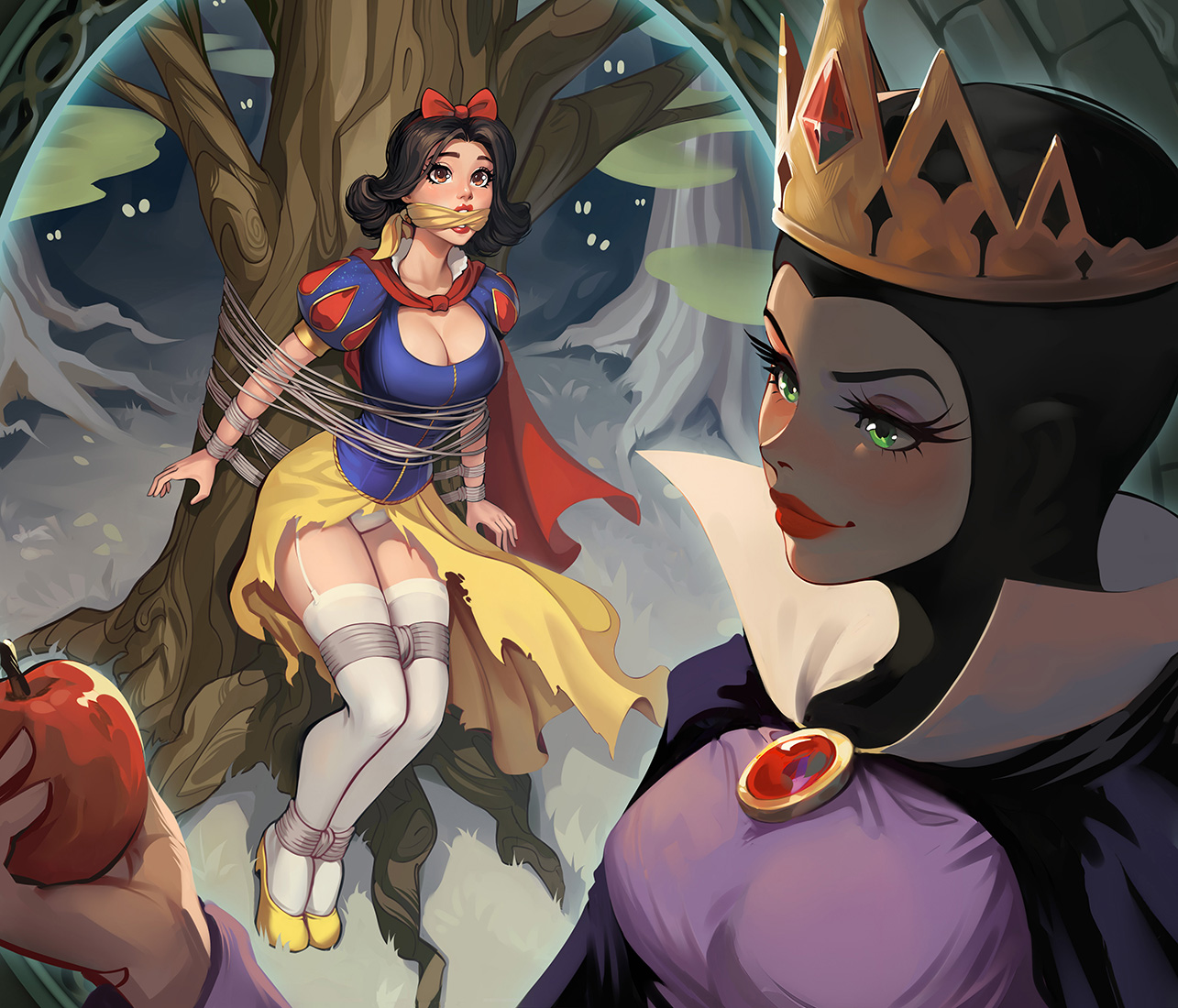 Snow White bound to a tree in the forest
