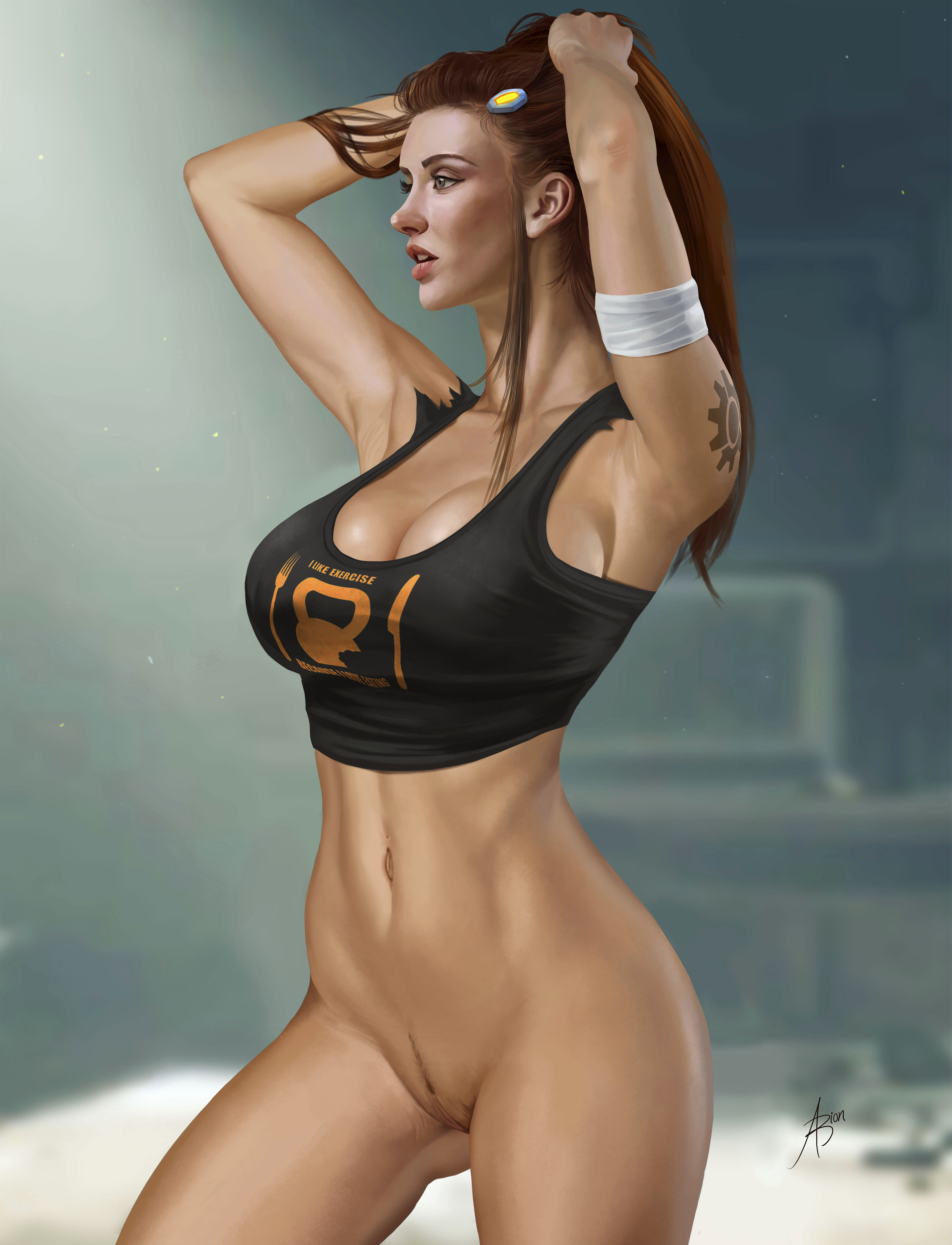 Brigitte posing bottomless with arms up