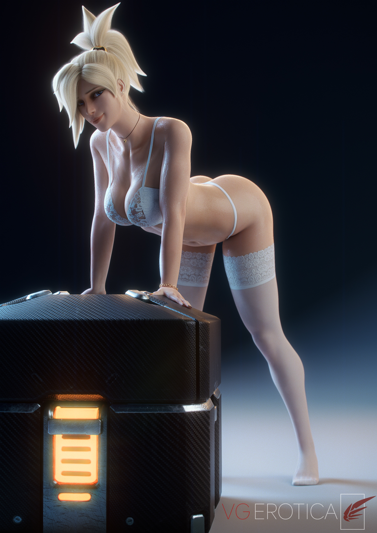 Mercy bending over in white lingerie