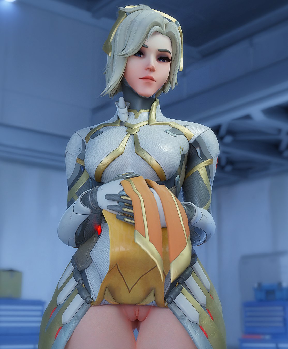 Mercy lifting her skirt and showing off.
