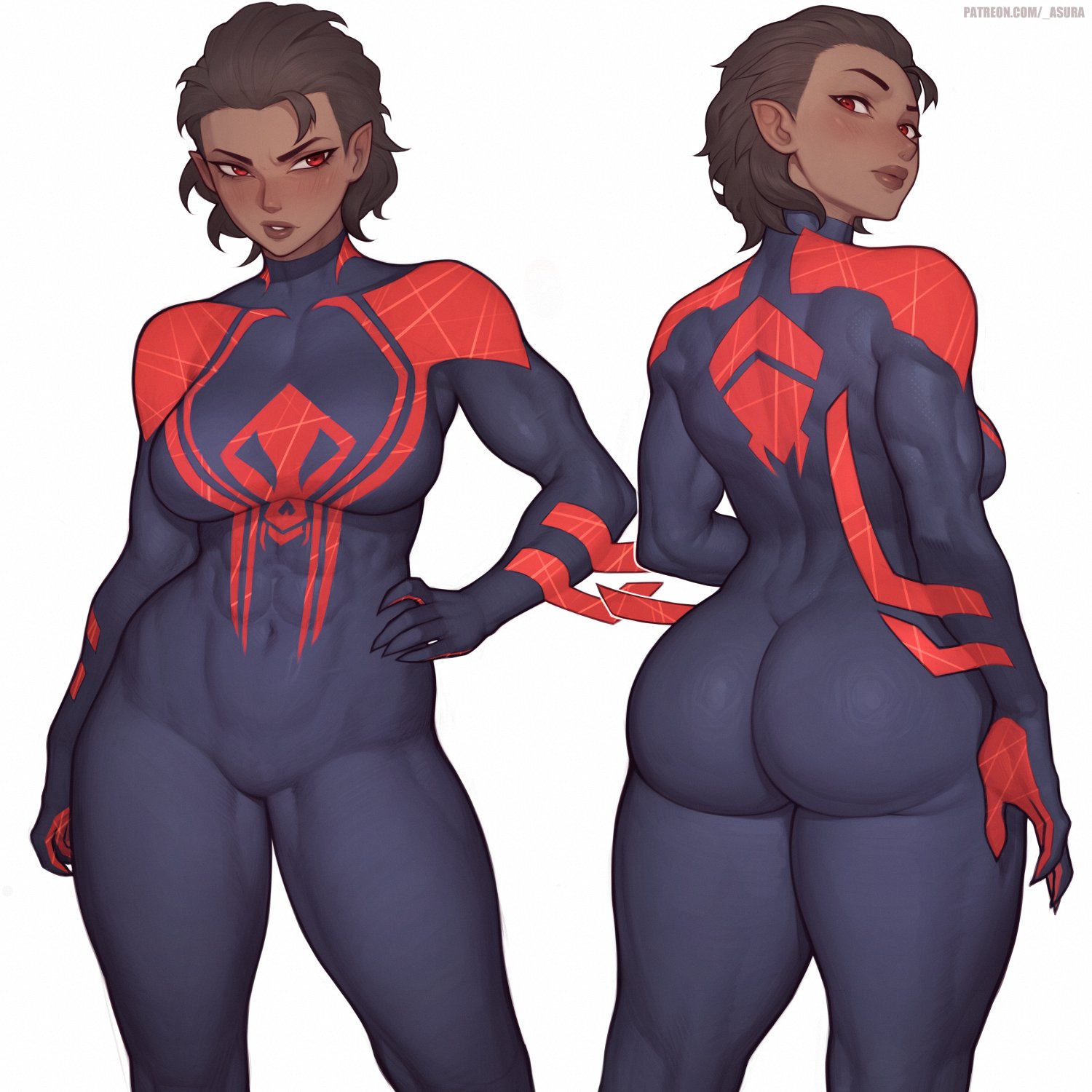 Female Miguel O'Hara looking back in tight clothing