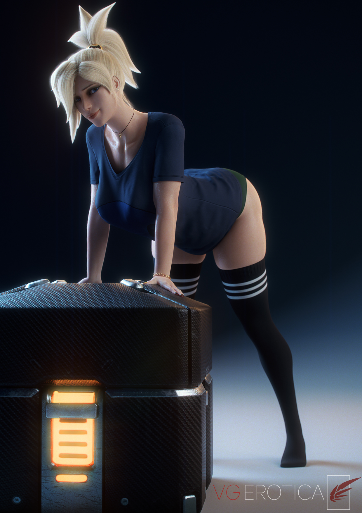 Mercy bending over and presenting in green panties.