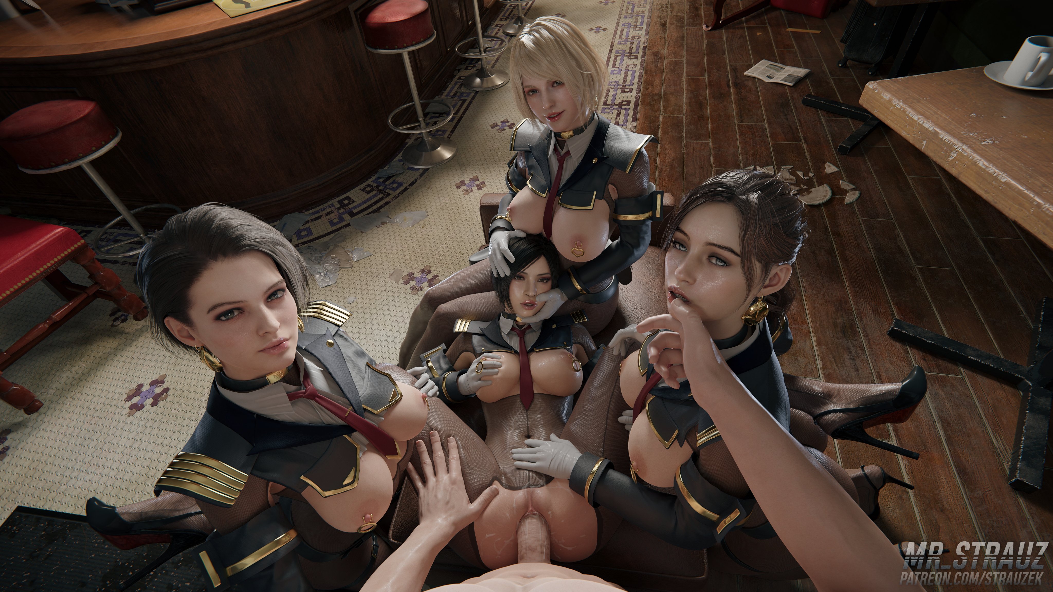 Ada Wong, Ashley Graham, Claire Redfield, and Jill Valentine having sex.