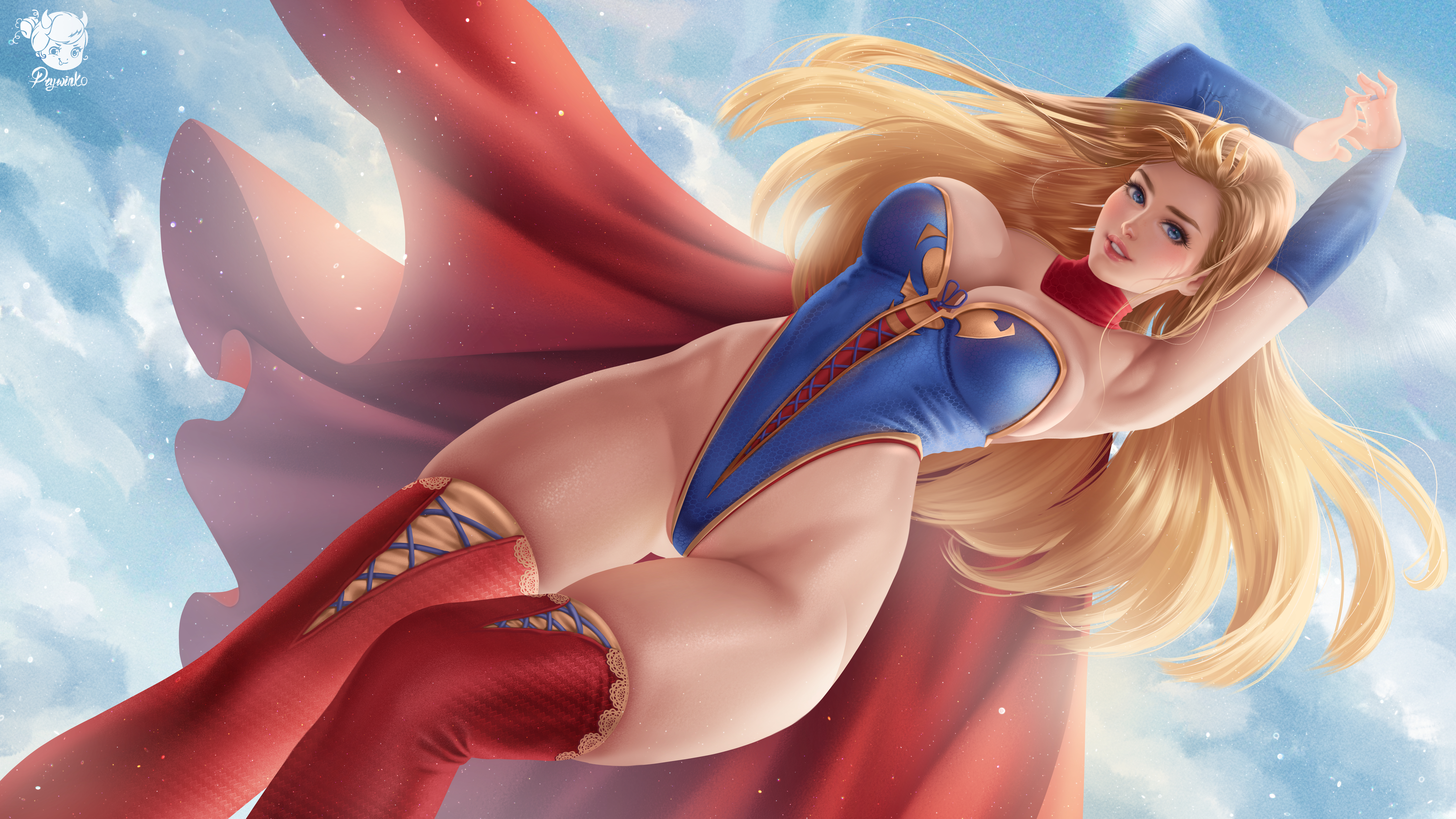 Supergirl flying in the sky with arms up.