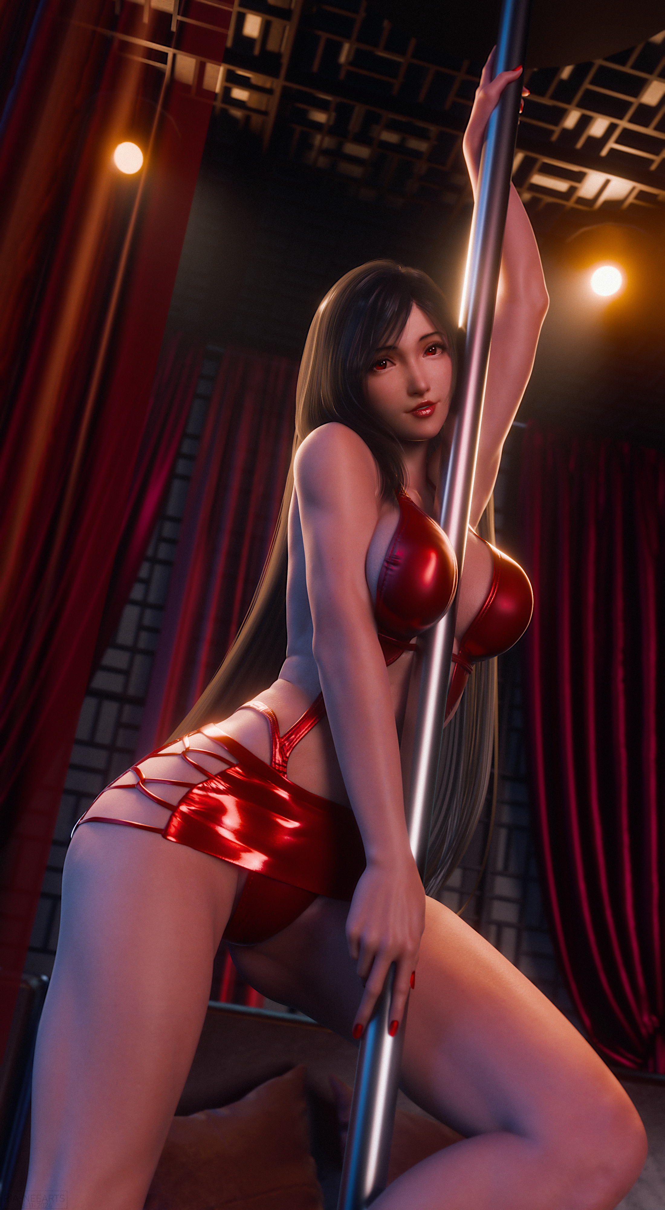 Tifa Lockhart pole dancing in a club.