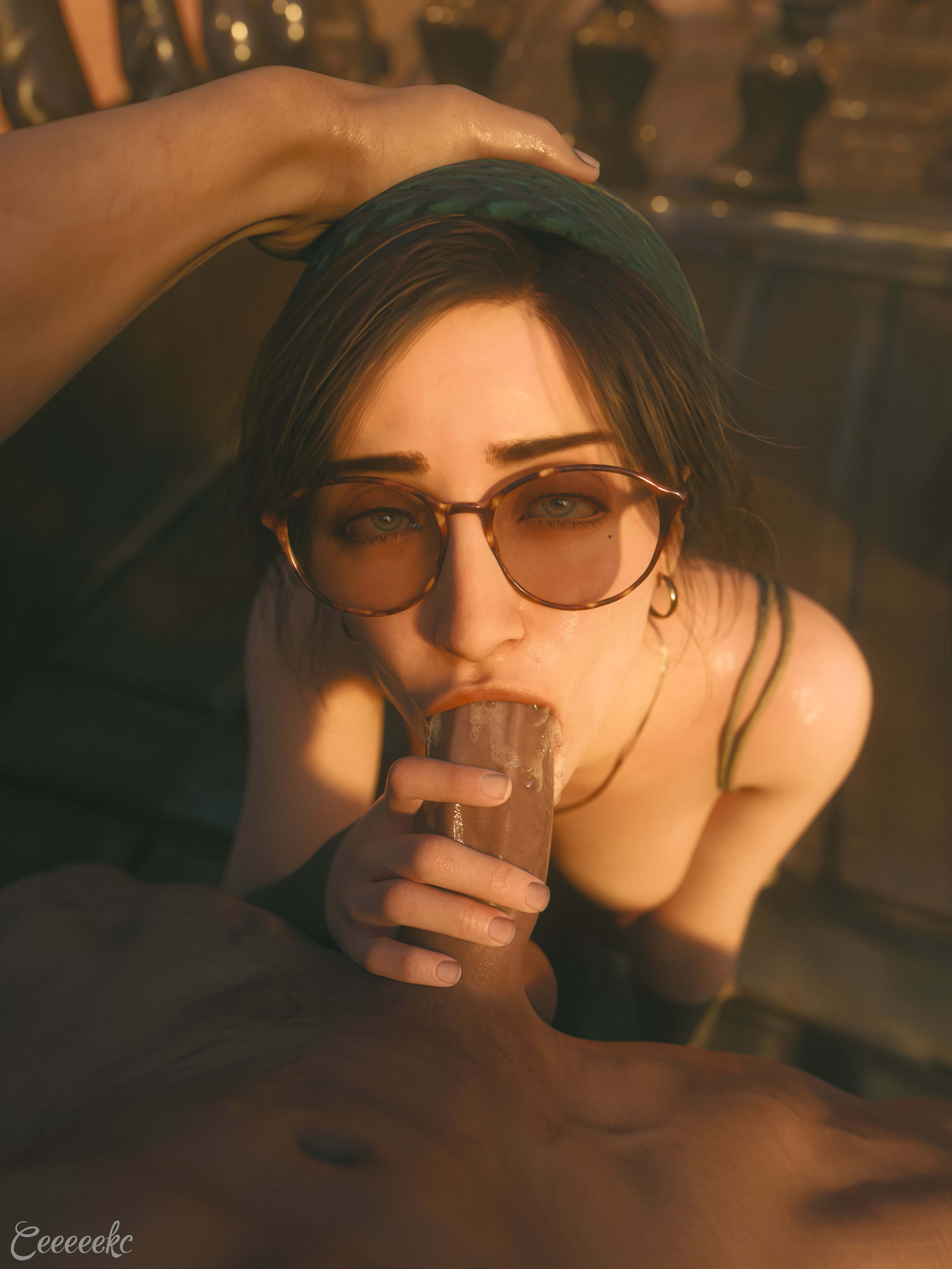 Alma sucking cock outdoors with glasses on