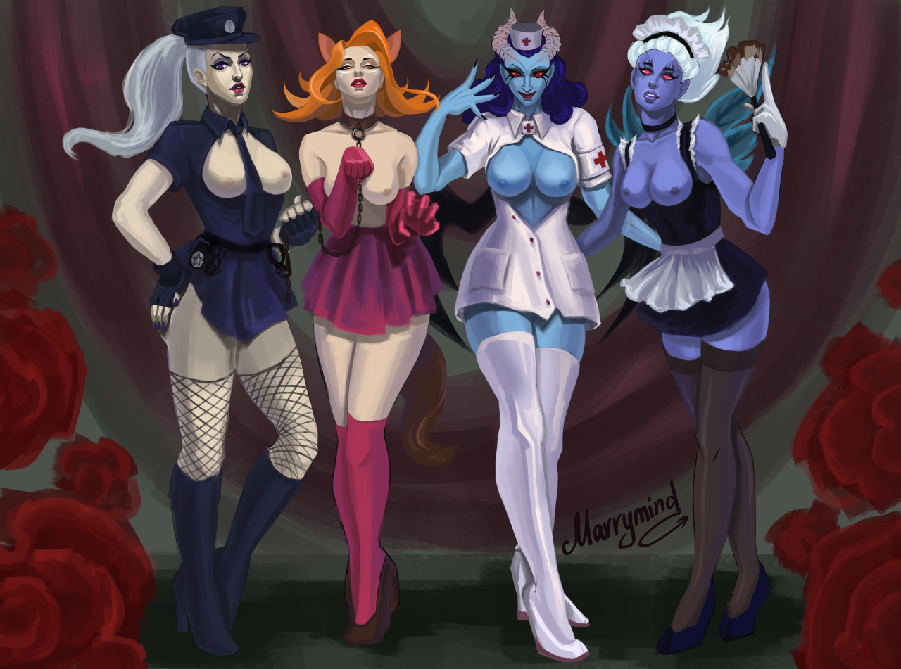 Some old NSFW. Girls have a costume party as policewoman, kittycat, nurse and maid. Stockings one love *v*