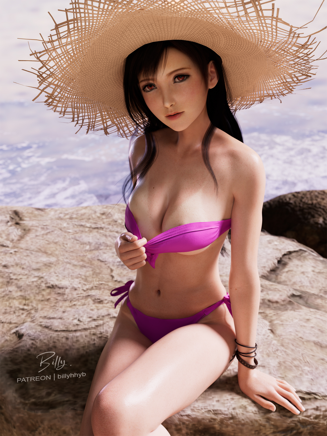 Tifa in a strapless bikini pulling on her suit at the beach