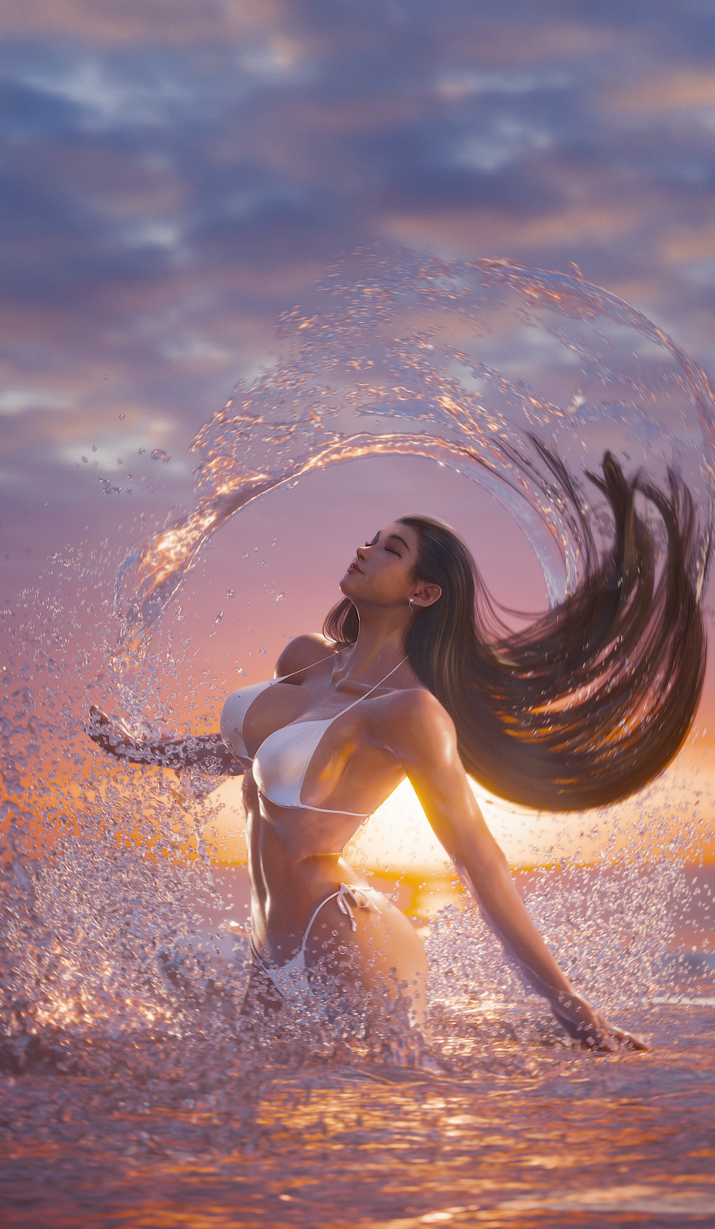 Tifa Lockhart wading in the sea at sunset.