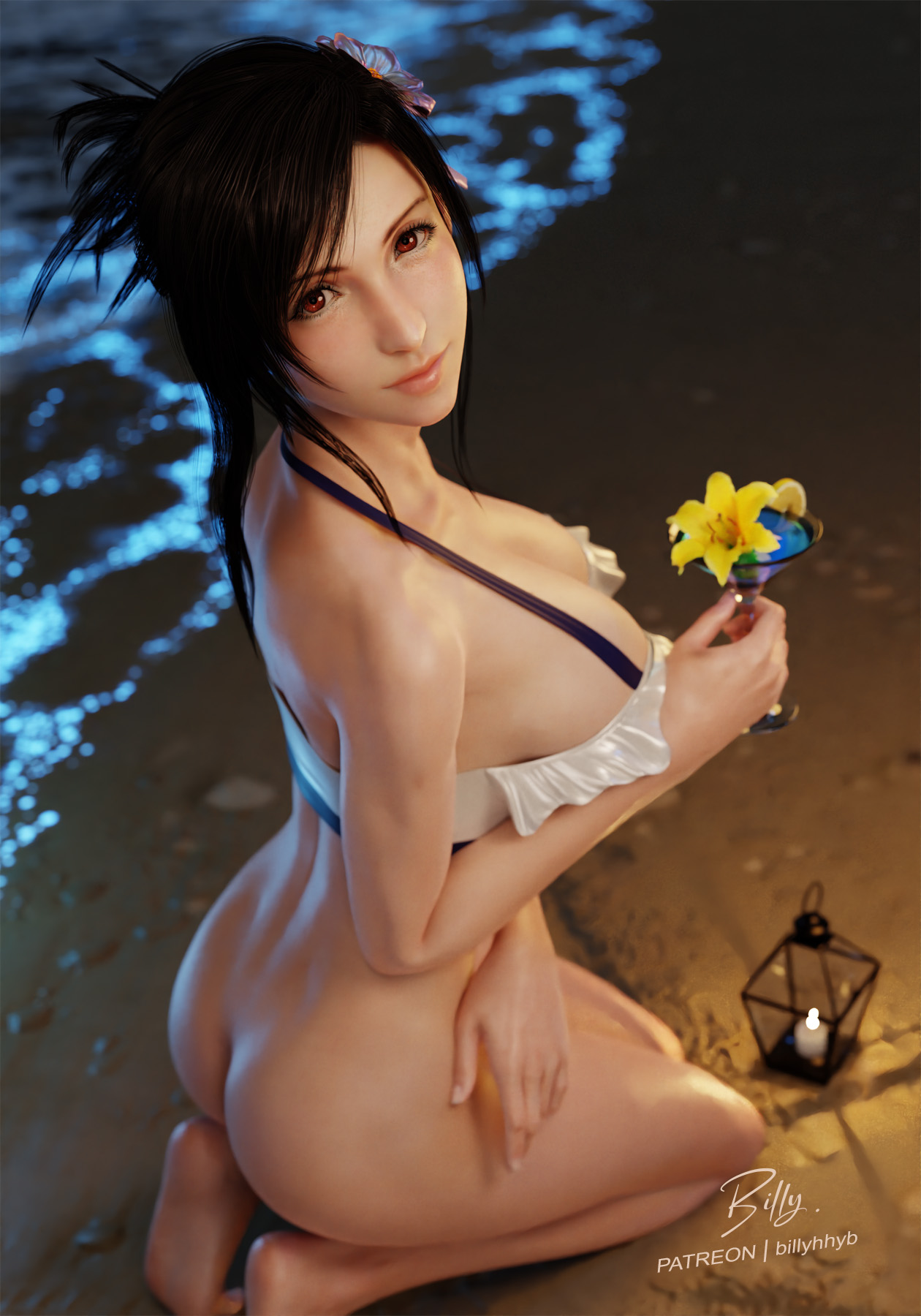 Tifa Lockhart kneeling in a bikini.