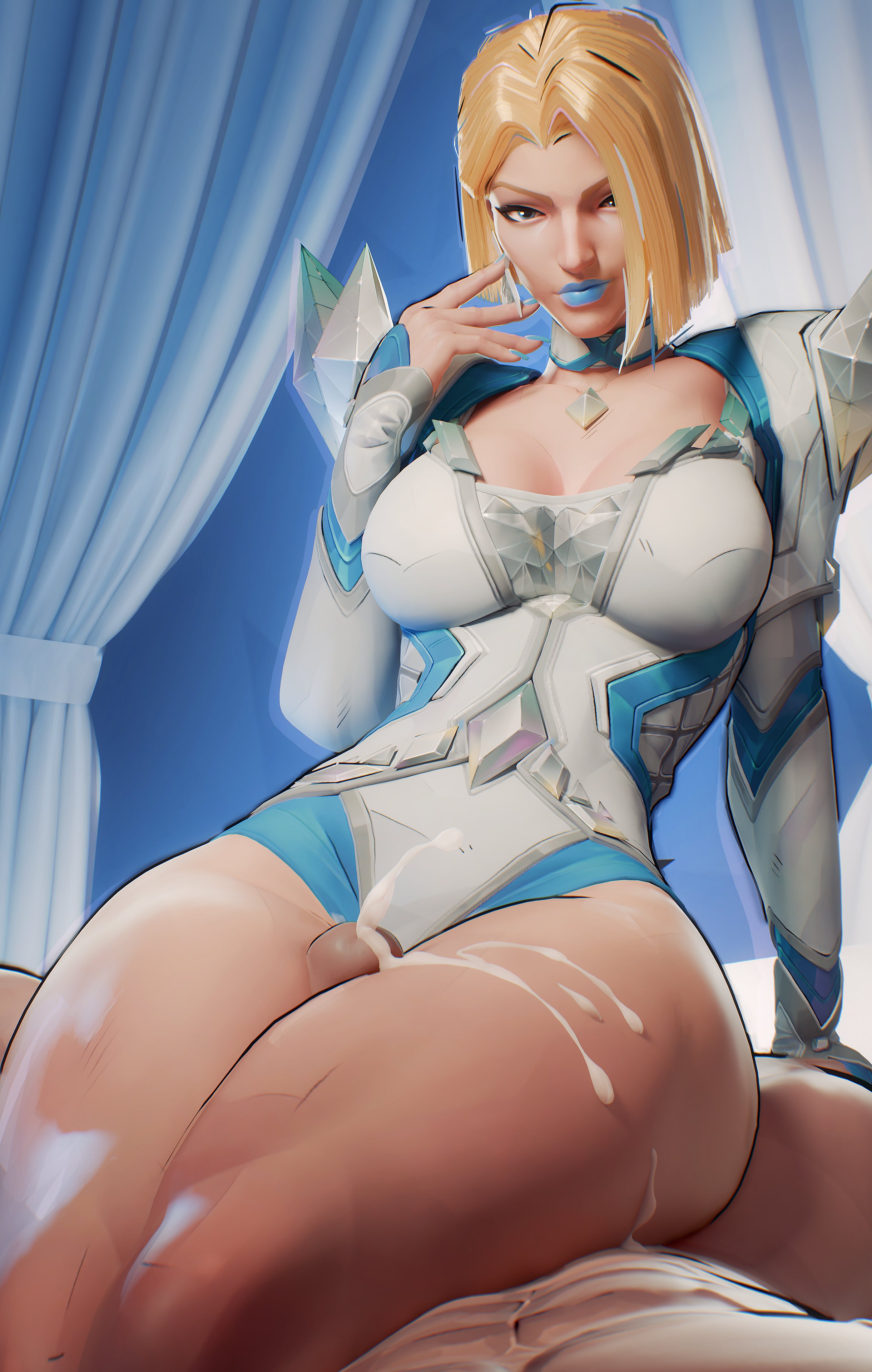 Emma Frost giving a thighjob to a male