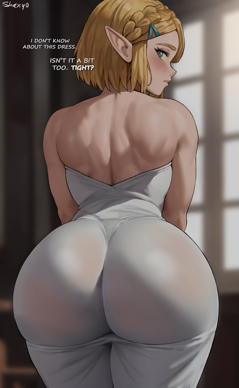 Princess Zelda bending over in a dress.