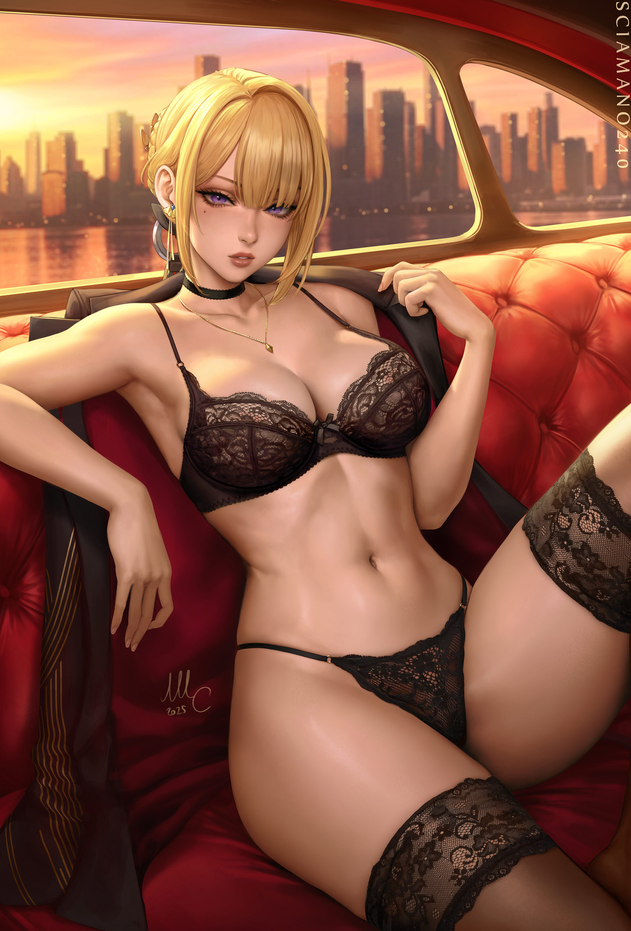 Evelyn Chevalier showing off her lingerie in a car