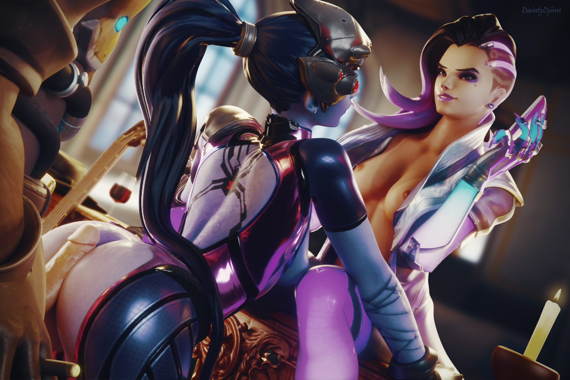 “Just stick it in already” - Widow, probably.Talon’s interrogation techniques have always been top notch. Also, Widow must sweat a lot under that suit of hers. ~( ‘ - ‘)~Full size: Imgur | UploadirSpecial thanks to @metssfm for the Sombra + donger, @fritzhq for the McCree and @velocihaxor for dem sweat textures.Does this mean that I’m back? Probably not. I’ve had this picture sitting in limbo for a few months now and felt bad leaving it unfinished. If I do decide to make more content, it’ll probably be on an infrequent schedule.<3