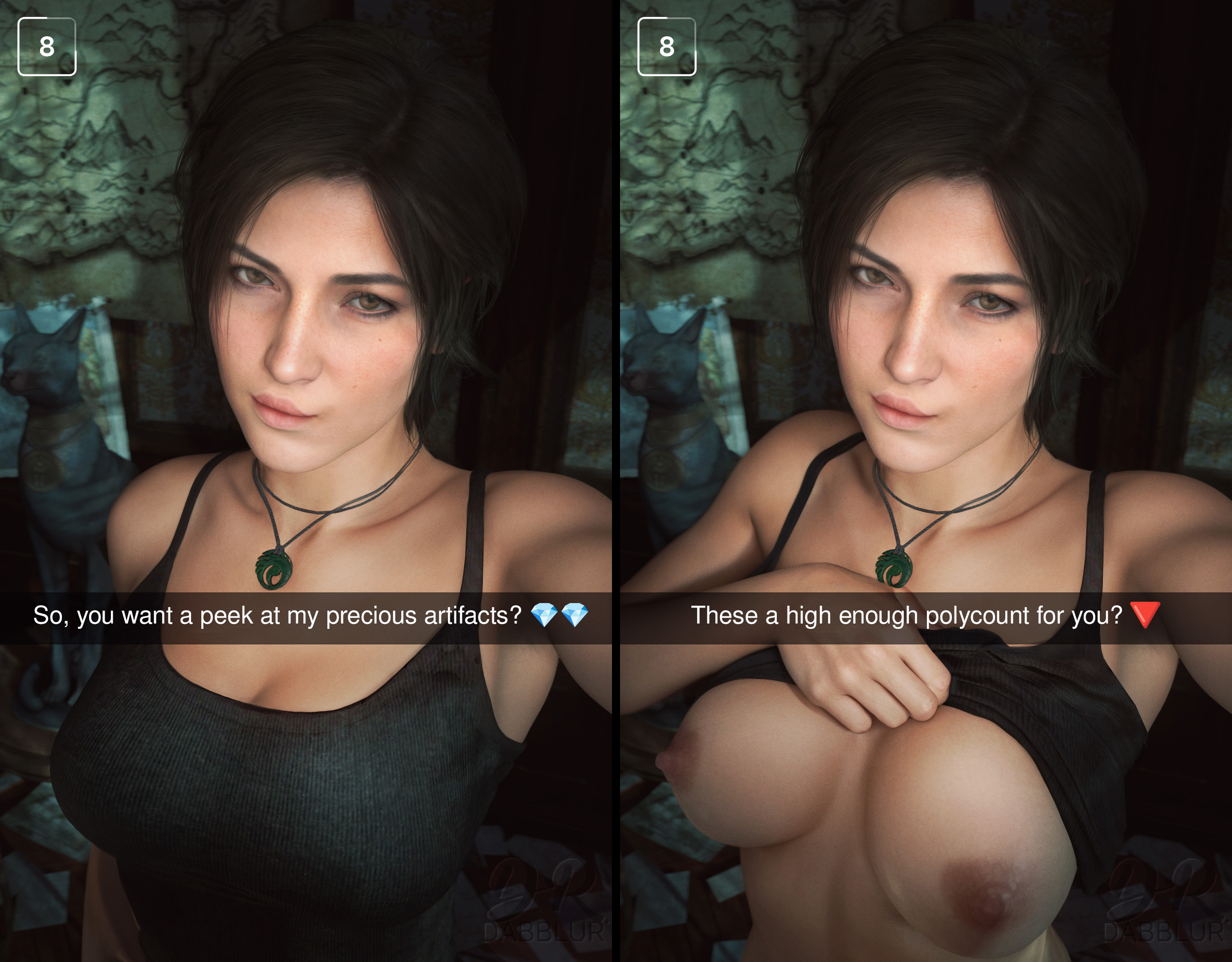 Lara Croft exposing her breasts in a selfie