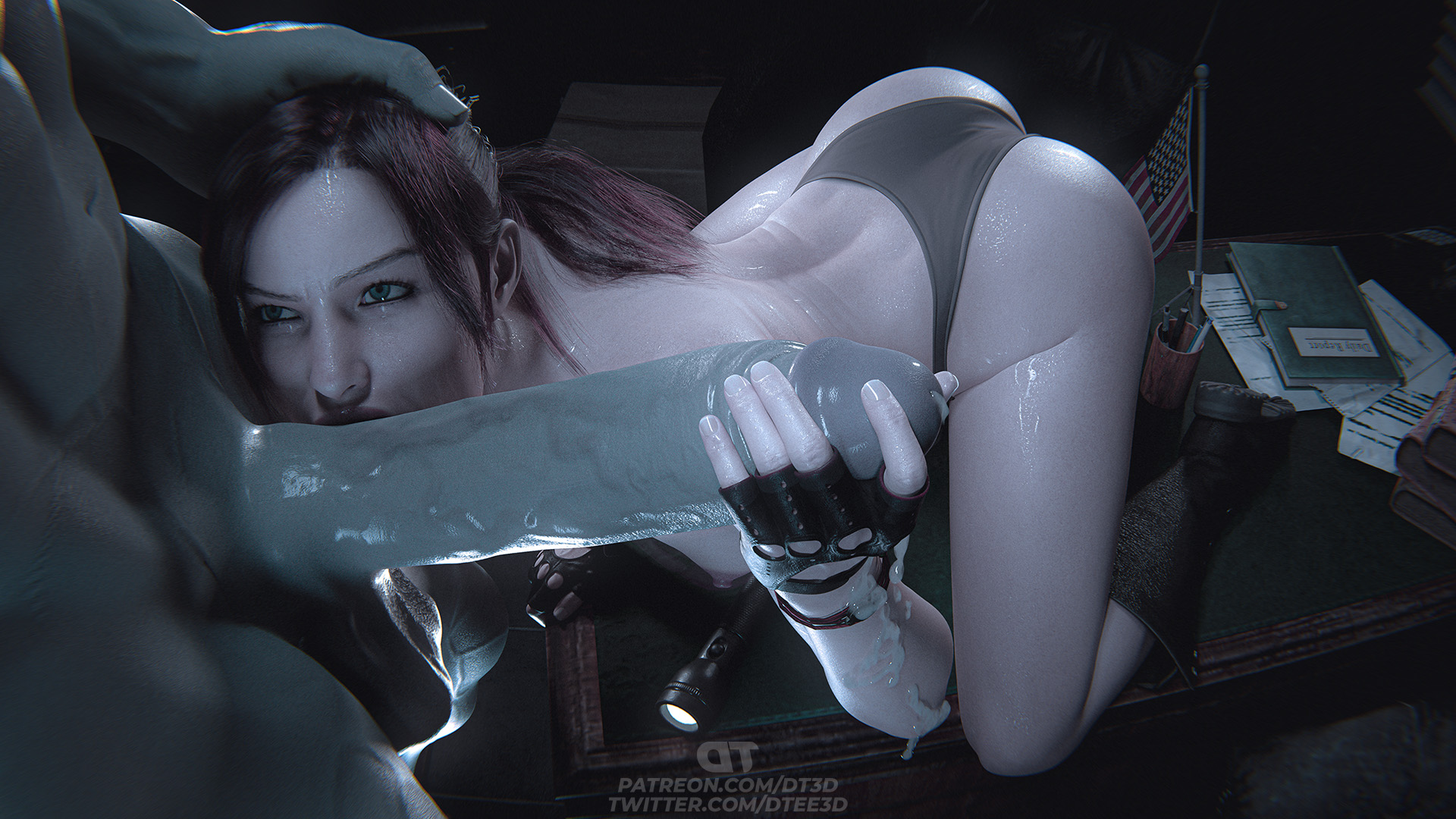 Claire Redfield giving a blowjob to Mr. X
