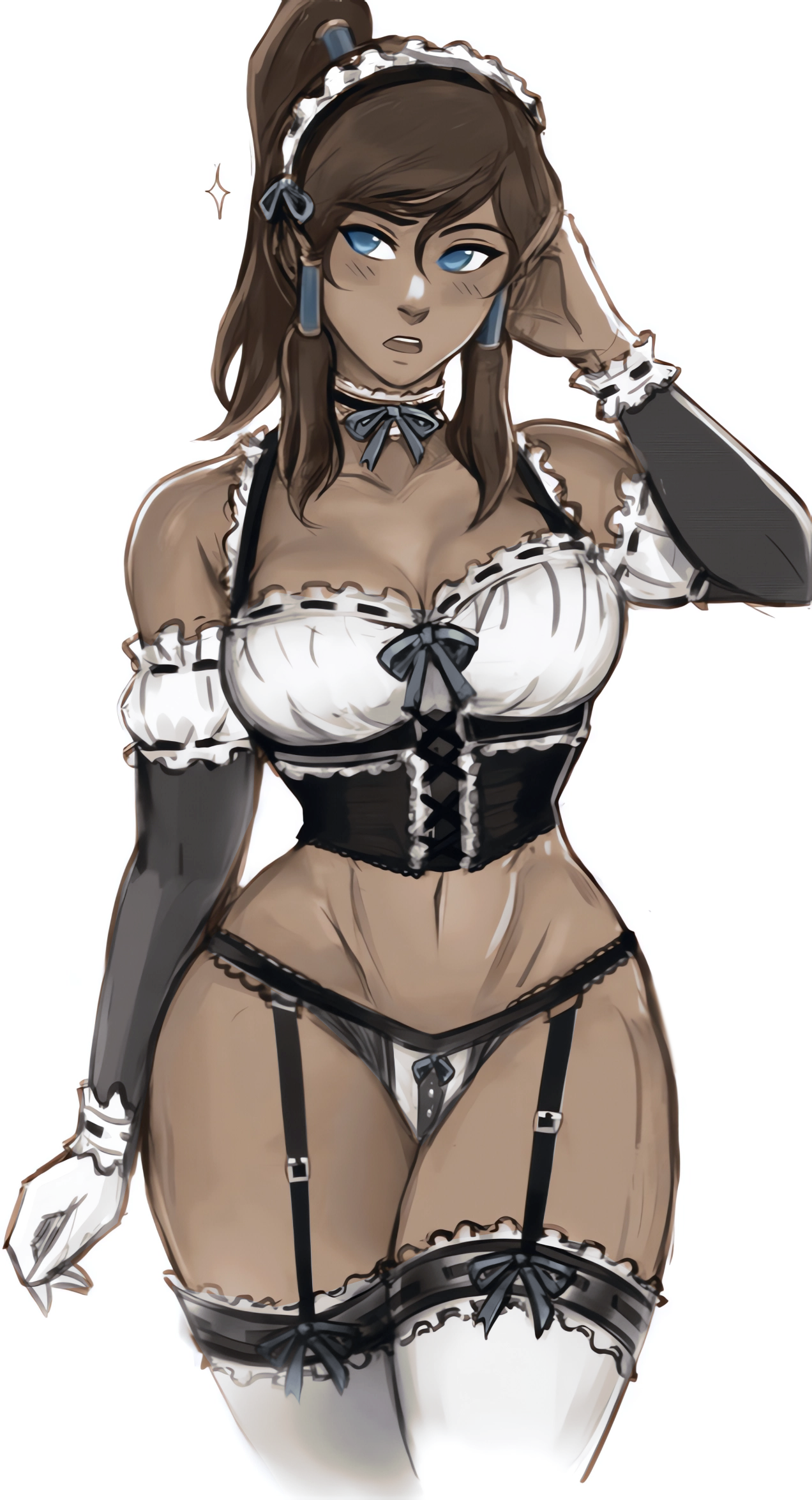 Korra wearing a maid outfit and stockings