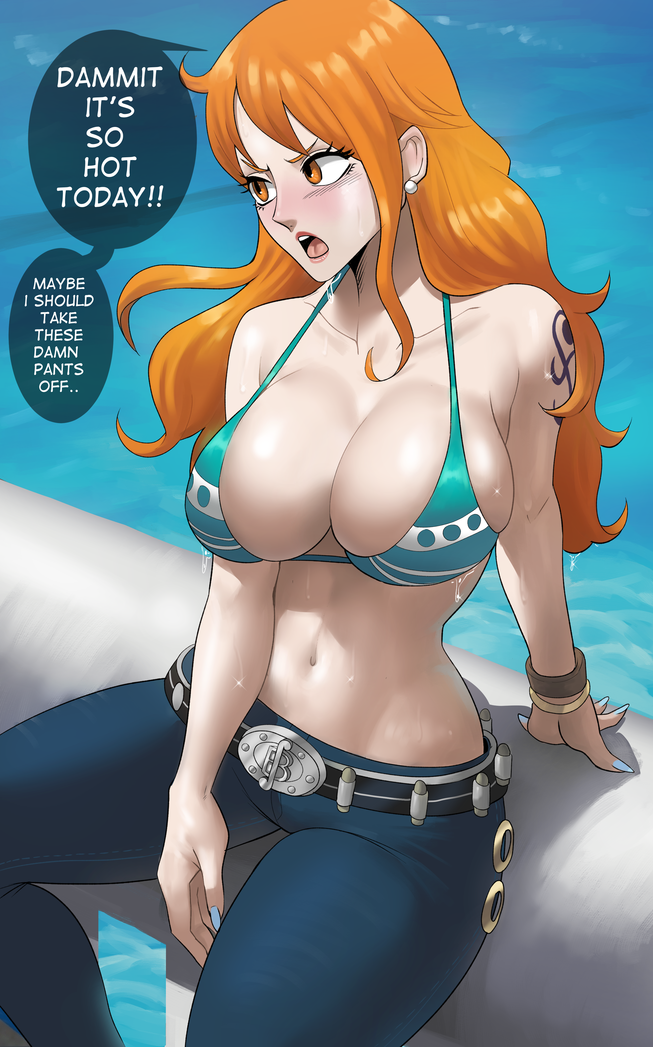 Nami showing off her huge tits in a bikini top outdoors