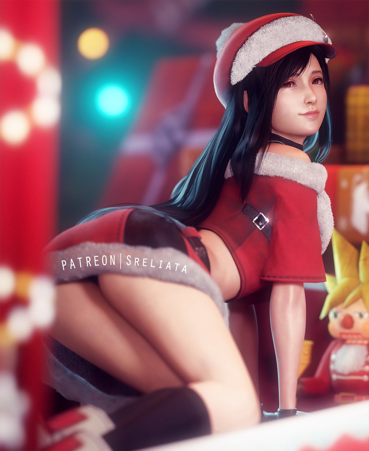 Tifa Lockhart posing in a Christmas outfit.