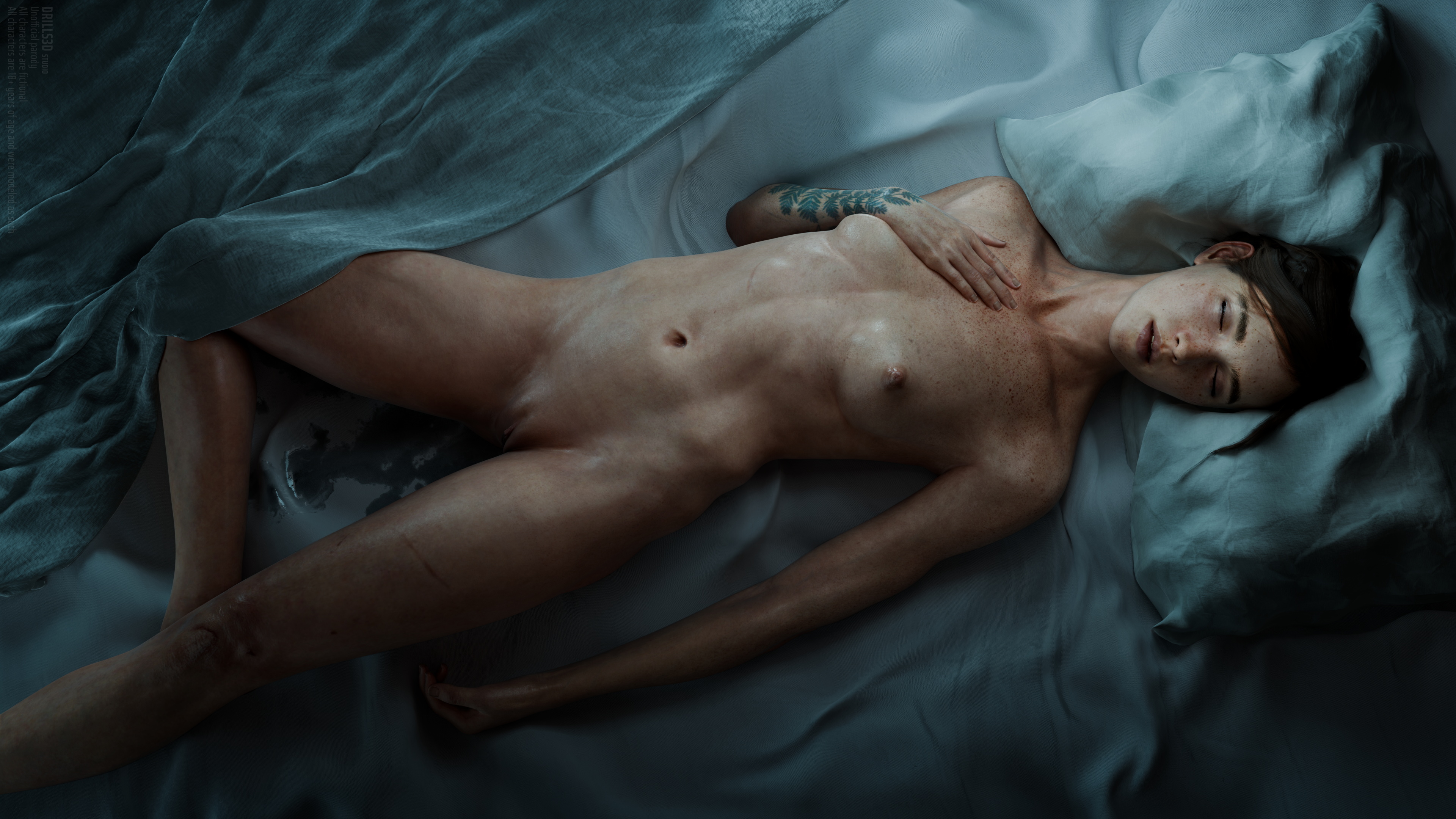 Ellie Williams lying nude on bed after orgasm.