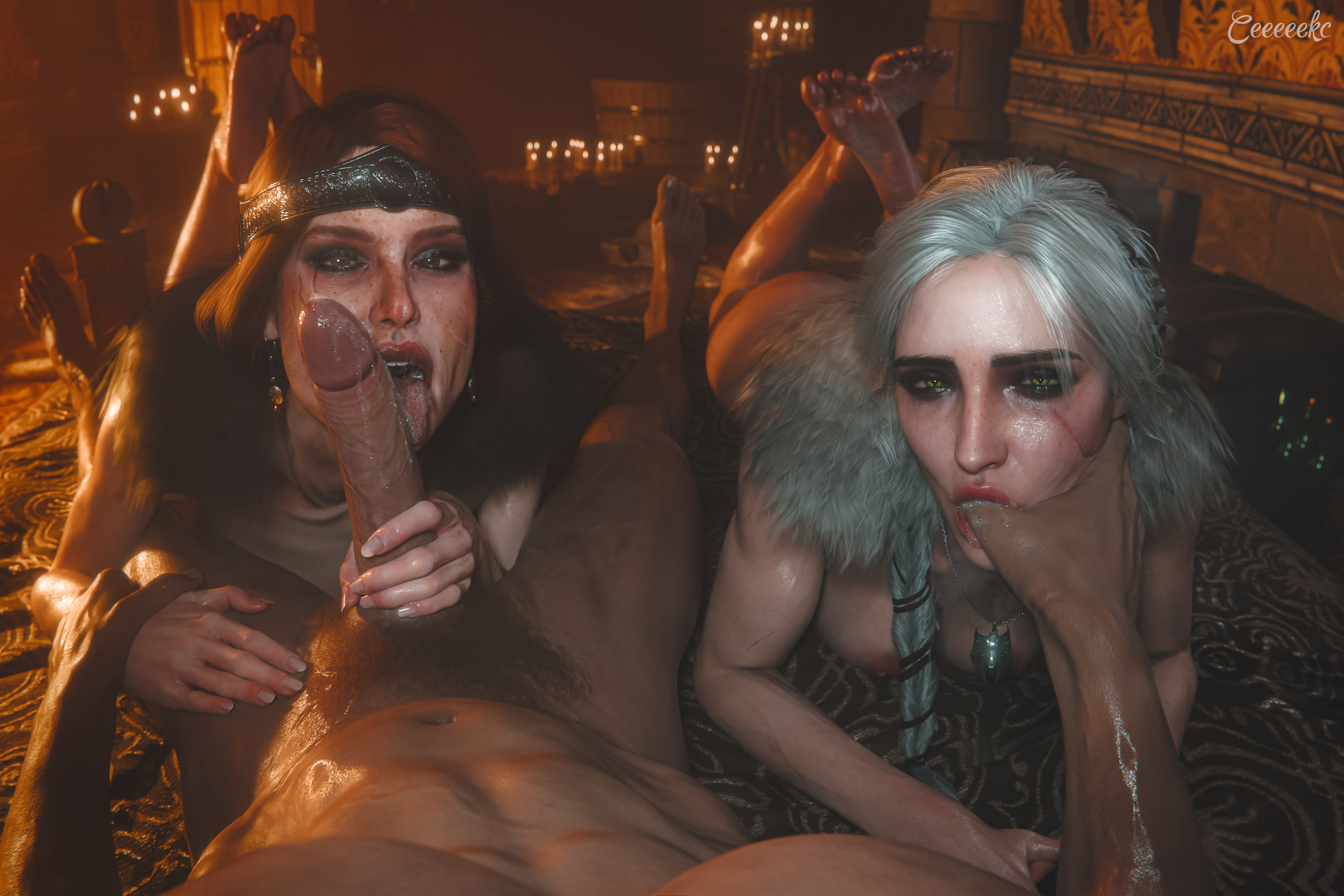 Ciri and Cerys sucking cock together