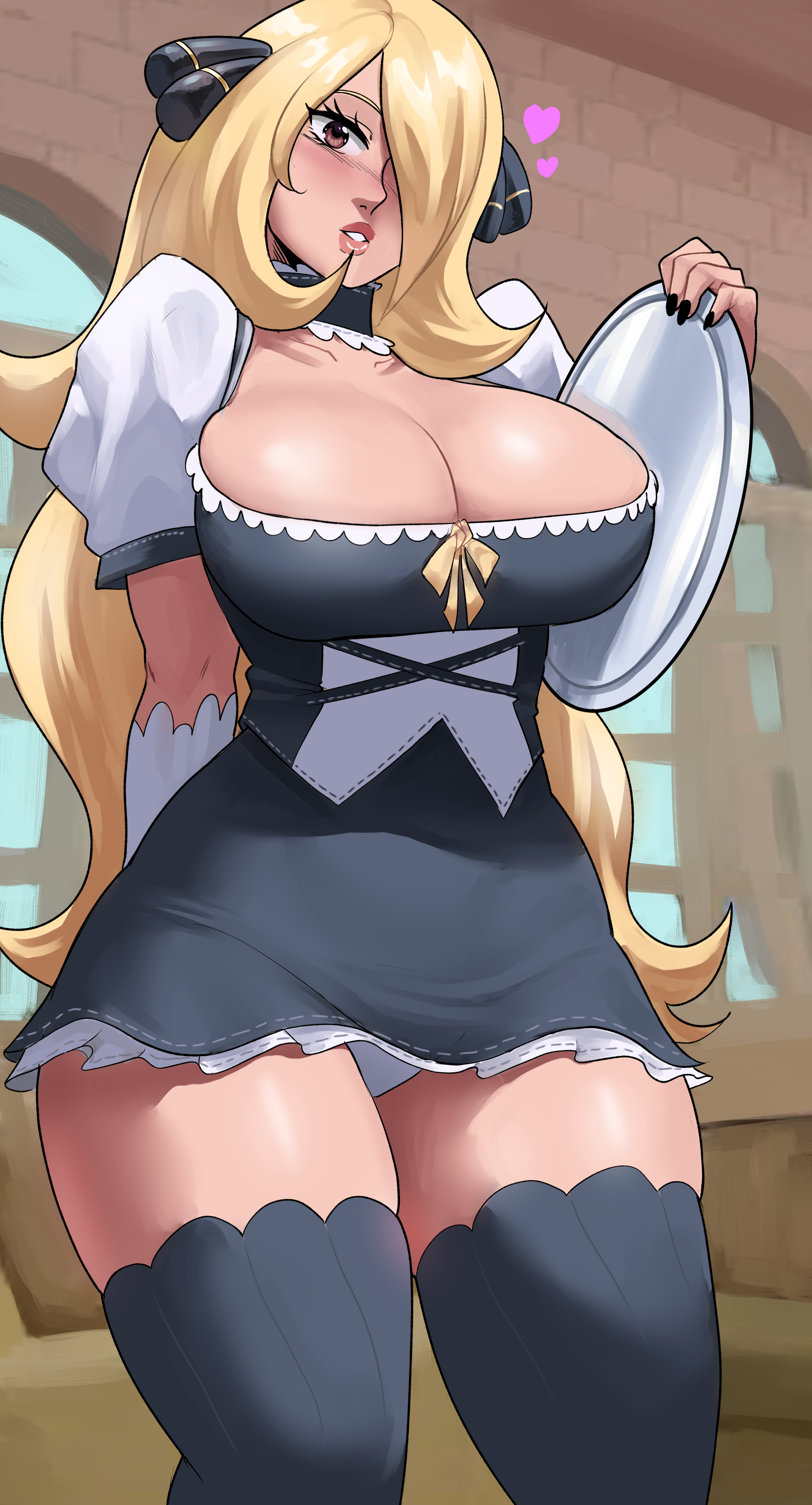 Cynthia in a maid outfit showing off her huge tits and thick thighs