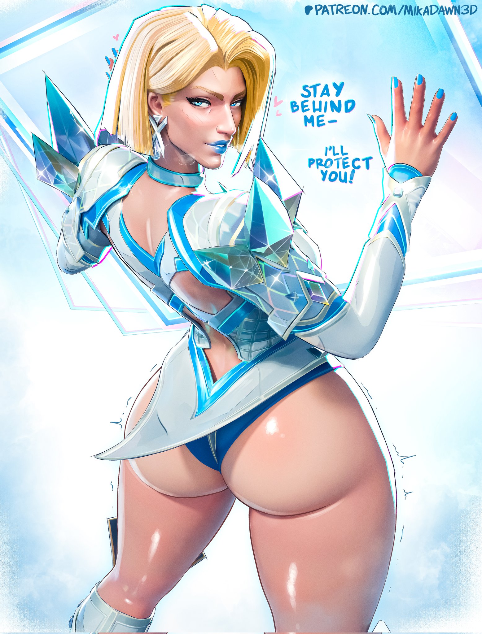 Emma Frost talking to the viewer from behind