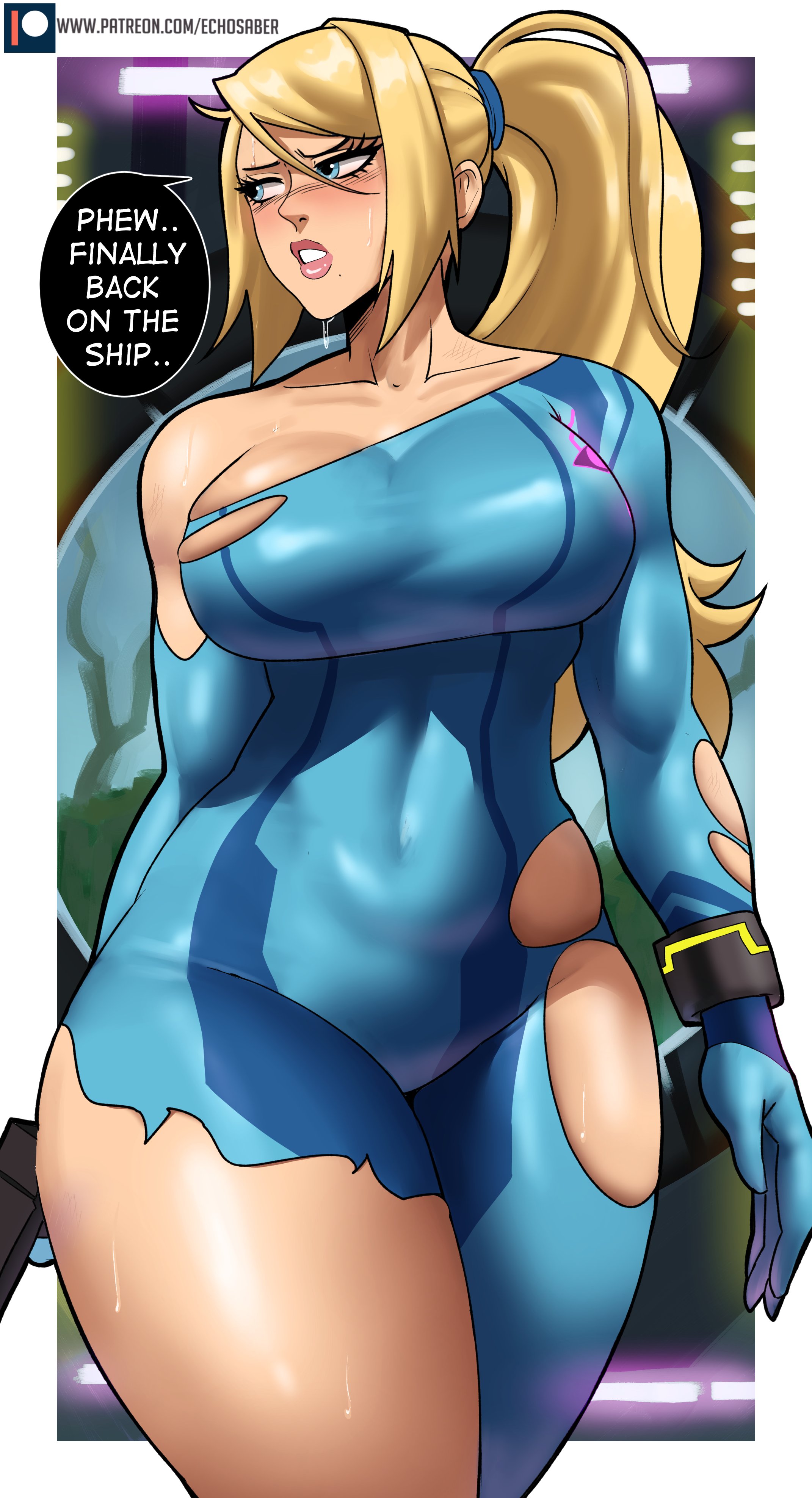 Samus Aran in a ripped bodysuit