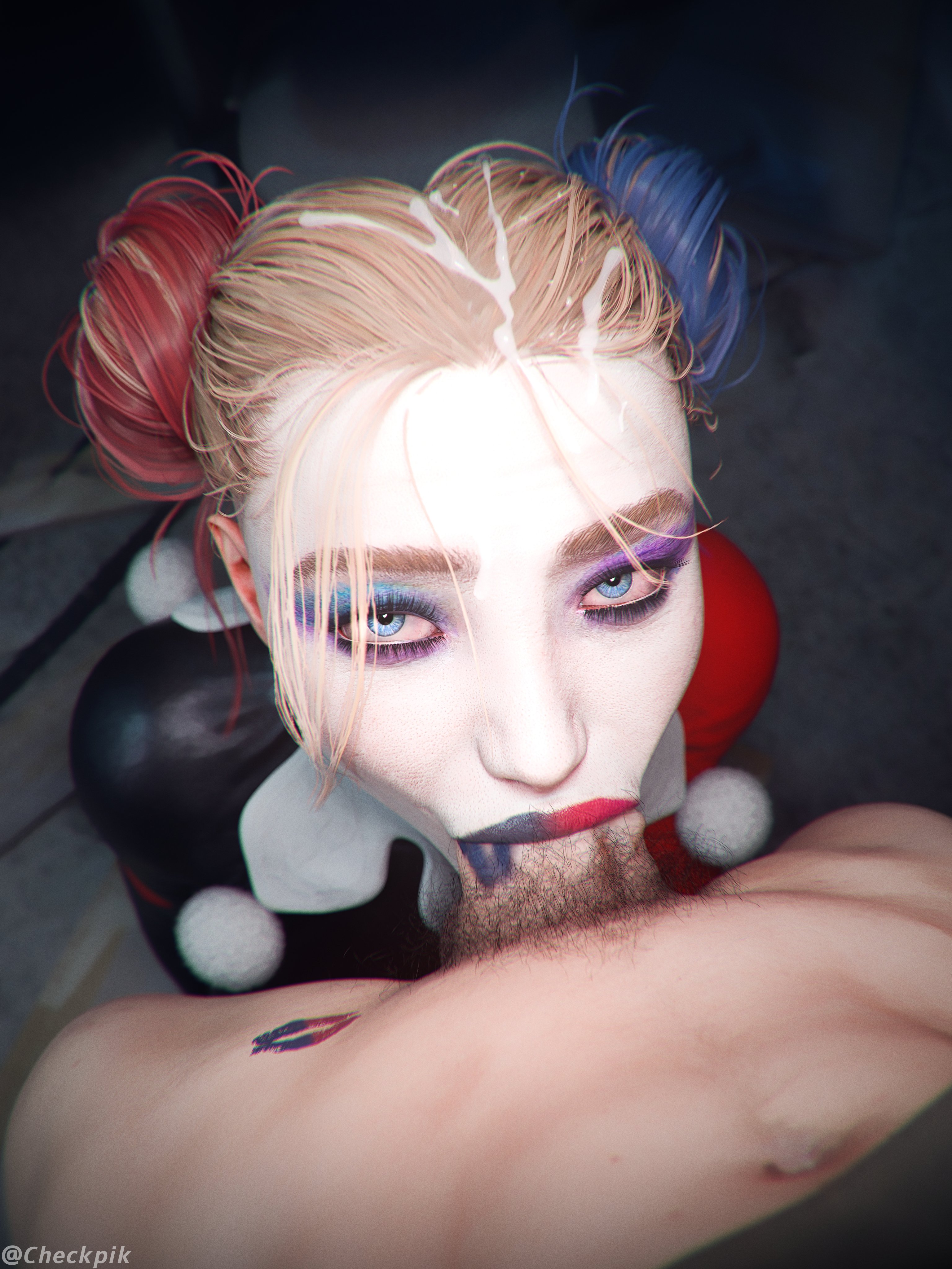 Harley Quinn sucking cock with a smile, cum on her face