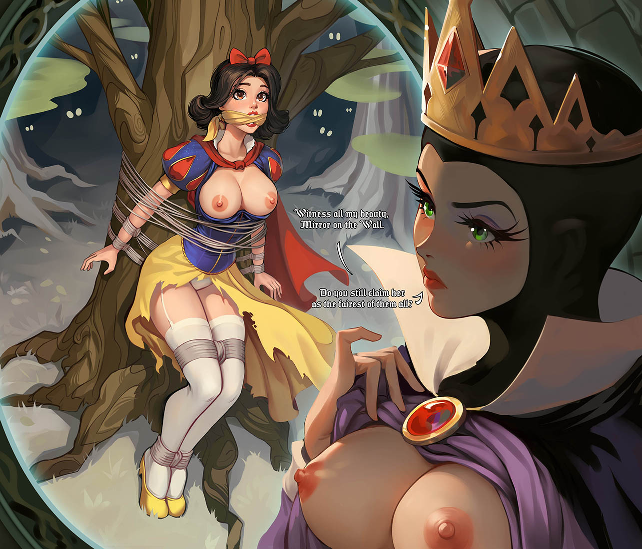 The Evil Queen and Snow White bound to a table.