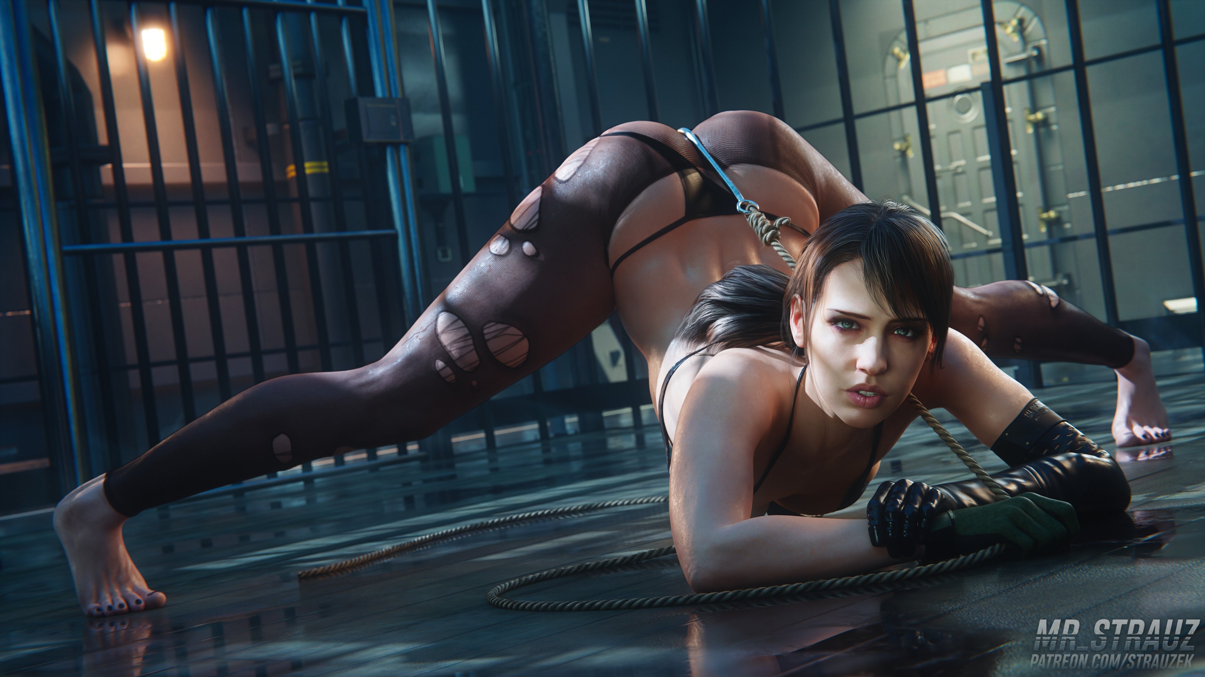 Quiet posing in a prison cell with an anal hook.