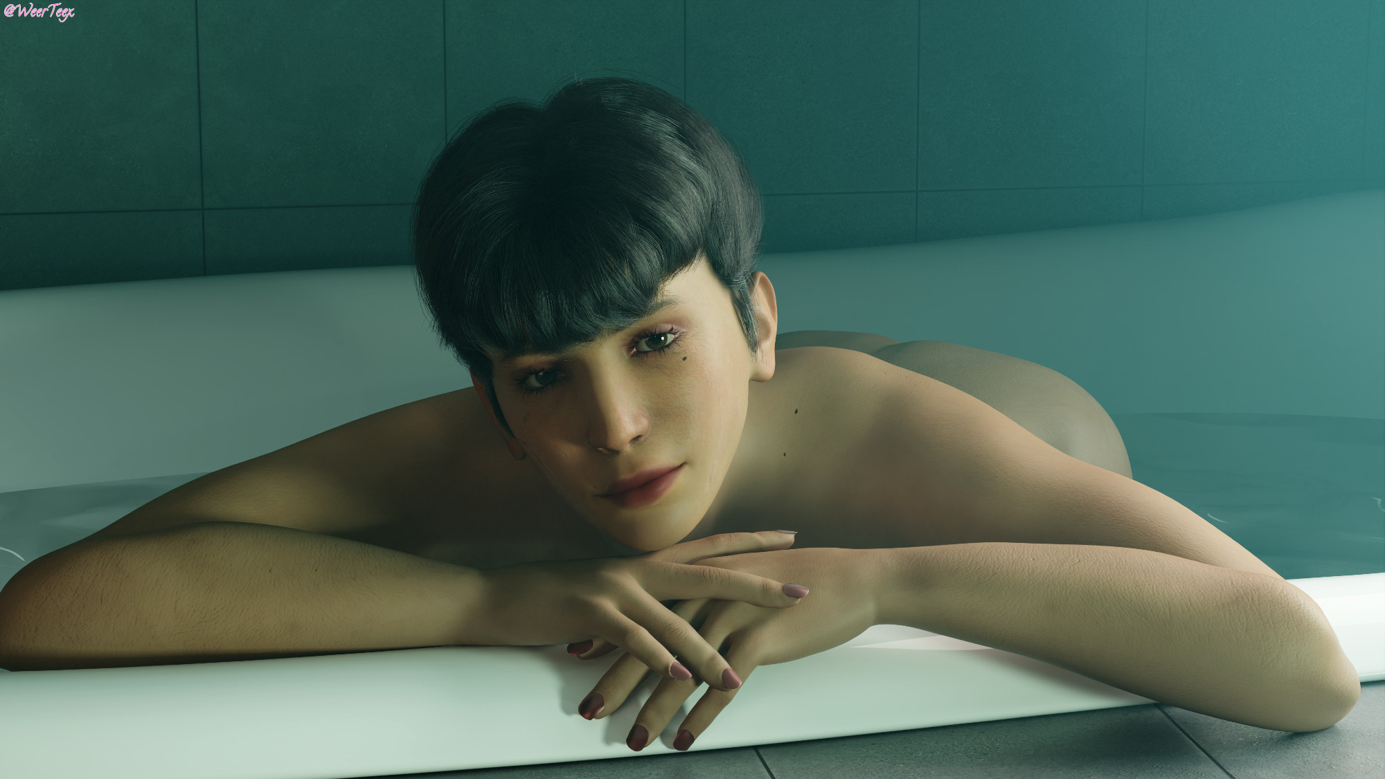 Lettie soaking out those aches of hers. Model by Rekkakun.
