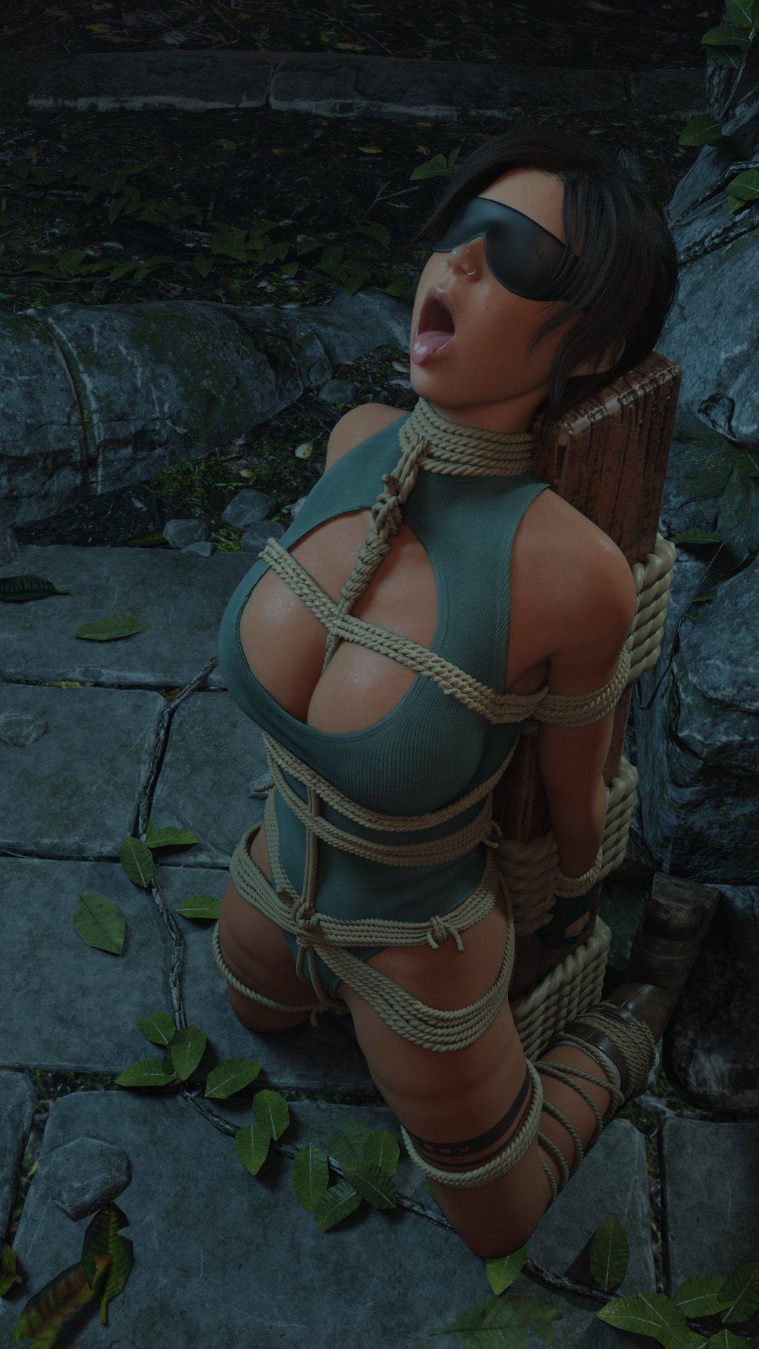 Lara Croft tied with rope between her breasts