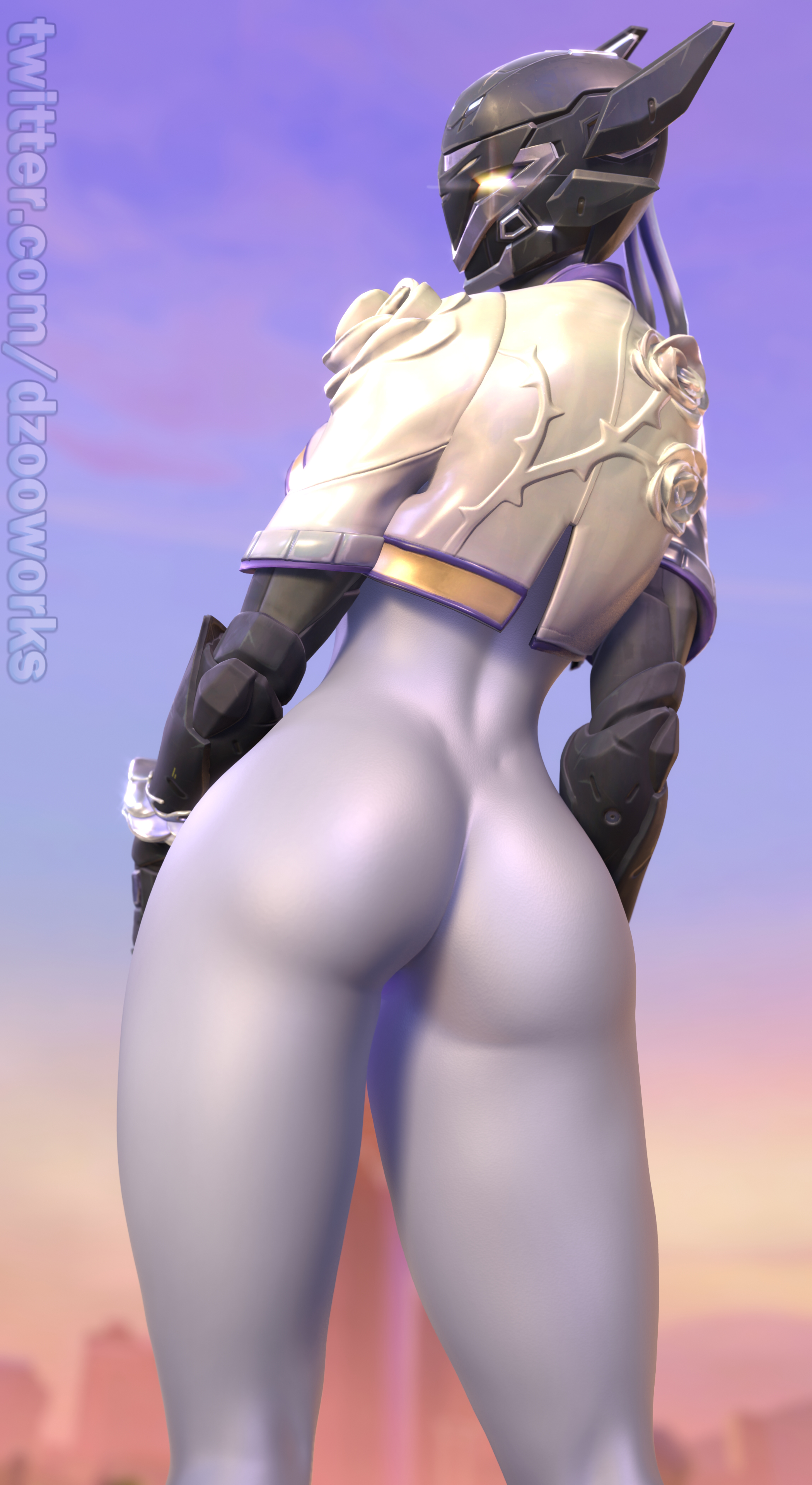 Vyse from Valorant looking down at the viewer with ass focus.